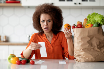 Prices For Food. Shocked Black Housewife Checking Grocery Bill After Shopping