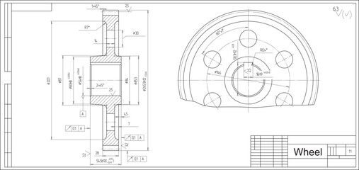 Vector engineering cad drawing of a mechanical part (steel wheel)
with through holes.
Computer aided design of machine parts. Technical cad background.
