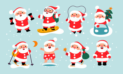 Sporting Santa Claus. Xmas character in different poses. Senior man. Cute athlete snowboarding and skiing. Winter training. Dumbbells and ice-hole. Outdoor exercises. Garish vector set