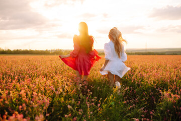 Two woman in stylish summer dresses feeling free in the field with flowers in sunshine. Nature,...