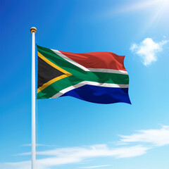 Waving flag of South Africa on flagpole with sky background.