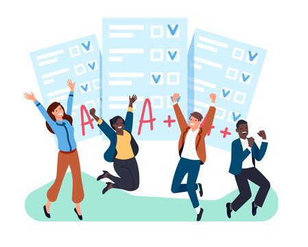 Students rejoice at passing school exam test. Examination resalt. People group jumping and laughing with happiness. Education success. Knowledge grade. Paper document pages. Vector concept