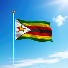 Waving flag of Zimbabwe on flagpole with sky background.