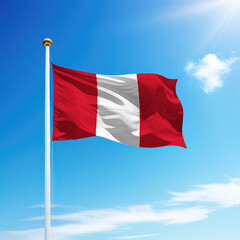 Waving flag of Peru on flagpole with sky background.