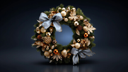 Christmas wreath with gold and black ribbons.generative ai