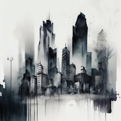 City scape watercolor painting in black and grey colors. Abstract buildings in city on watercolor painting.