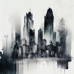 Fotobehang Aquarelschilderij wolkenkrabber City scape watercolor painting in black and grey colors. Abstract buildings in city on watercolor painting.