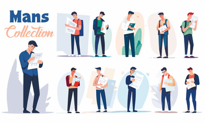 Young vector man with newspaper figures collection. Set of vector girls