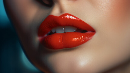 Close up of beautiful woman's lips with red lipstick.generative ai