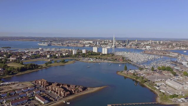 Haslar lake and Haslar Marina aerial footage towards Portsmouth harbour.