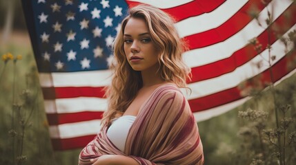 
Pregnant girl with the Flag of America, the symbol of the country. Economy and politics and geopolitics of the country. Generative AI