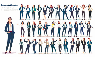 Young beautiful vector business woman figures collection. Set of vector girls