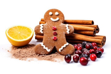 gingerbread man cookie and ingredients isolated on white background