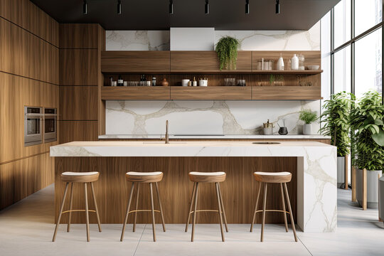 large luxurious kitchen with an island and stools