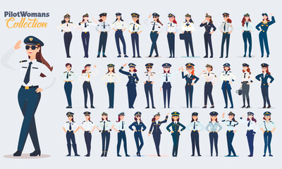 Young beautiful vector pilot woman figures collection. Set of vector girls