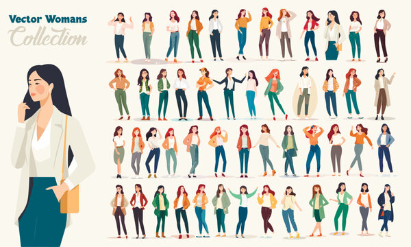 Young beautiful vector woman figures collection. Set of vector girls
