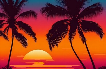 Fototapeta na wymiar Beautiful sunset on coast sea view silhouette coconut palm trees on beach golden hour vintage tone created with generative ai