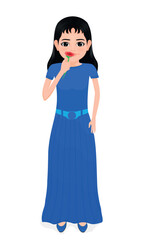 woman in blue dress smelling roses