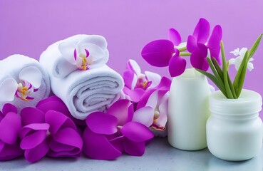 Obraz na płótnie Canvas Aromatherapy, spa, beauty treatment and wellness background with massage pebbles, orchid flowers, towels, cosmetic products spa concept created with generative ai