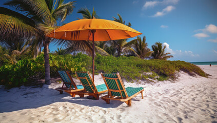 Fototapeta na wymiar Beach chairs on white sand palm beach with cloudy blue sky and sun. AI Generated