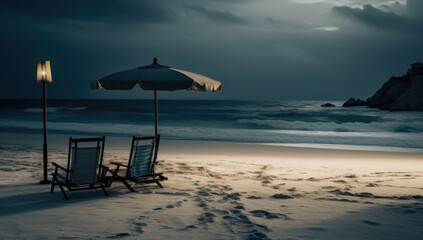 Beach chairs on white sand palm beach with cloudy blue sky and sun