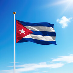 Waving flag of Cuba on flagpole with sky background.
