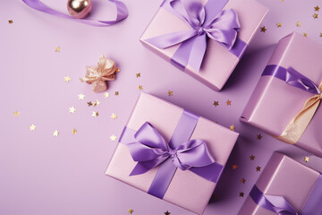 Top view photo of lilac gift boxes. Space for text. 