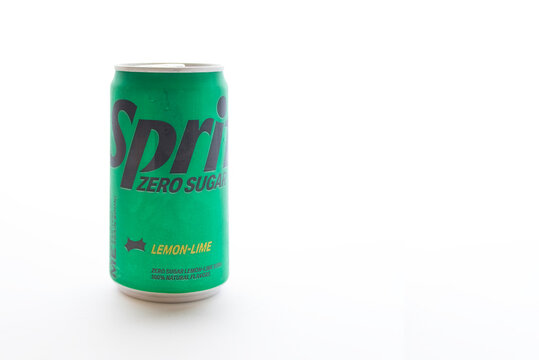 Sprite-zero can on white background with copy space. Taken at Durham, NC USA on June 2023