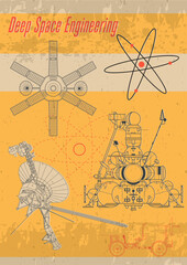 Fototapeta na wymiar Spacecraft Retro Futurism Satellite Drawing Poster. Lunar Module Vintage Engineering Illustration
