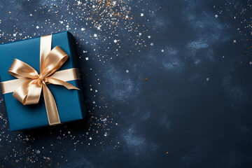 Elegant blue present box with golden bow on a dark blue background, copy space. Gift box, top view. 