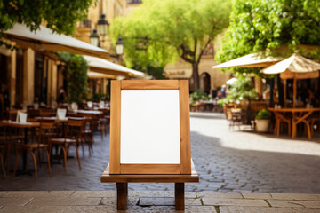 Empty white menu stand in wooden frame 