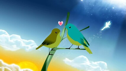 Cartoon birds kissing background and 2d animation, birds, animals, cute birds, pairs, kiss, love, two birds in love