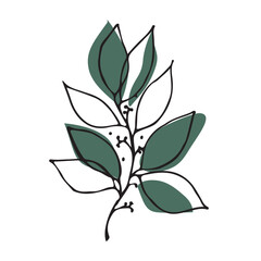 Vector illustration. A branch of a tree in a black outline in the style of hand drawing with colored graphic elements imitating leaves