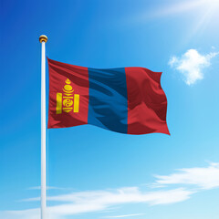 Naklejka na ściany i meble Waving flag of Mongolia on flagpole with sky background.