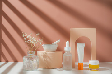 beauty products for summer including serum, sunscreen, and balm. with pestle and mortar.