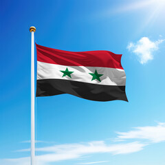 Waving flag of Syria on flagpole with sky background.