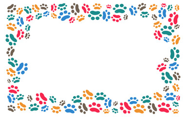 Frame cartoon footprints, paw prints of the animal. Vector background for print design . Card with space for text. Pet products. Pet notice banner concept vector illustration. Background isolated.
