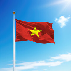Waving flag of Vietnam on flagpole with sky background.