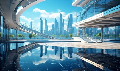 Fototapeta premium Embracing the Magnificence of Urban Landscapes: A Captivating Architectural Marvel Revealing the Dynamic Skyline and Modern Business District Amidst a Clear Blue Sky. Generative AI