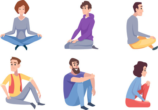 Sitting knees. People male and female sitting on floor different poses exact vector cartoon people