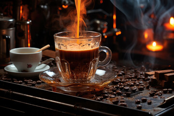 Latte art on hot latte coffee. Aroma coffee cup and coffee beans on wooden desk.