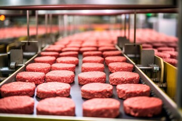 Modern Ecological Bio-Print Meat Factory: Conveyor System for Ready-Made Beef Hamburger Cutlets. AI