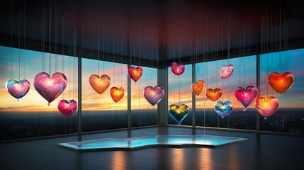 Heartfelt Harmony: Positive Abstract Art of Heart-Shaped Balloons in a Room made with Generative AI