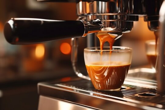 Professional Coffee Brewing: Close-Up of Espresso Pouring from Coffee Machine. AI