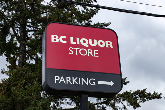 Burnaby, CANADA - Feb 8 2023 : Sign of BC Liquor Stores. It is a chain retail outlets by the British Columbia Liquor Distribution Branch to distribute alcoholic beverages in the province of BC, Canada