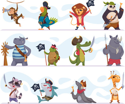 Animal pirate. Sailors cartoon animals with weapons in action poses exact vector pictures collection