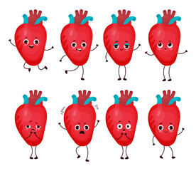 Collection cartoon heart with different emotions. Cute human organ character. Vector illustration. Mascot in cartoon style isolated on white background.