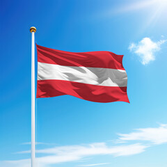 Waving flag of Austria on flagpole with sky background.