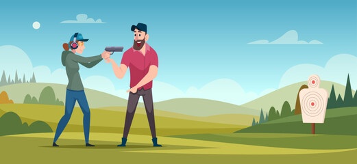 Shooting range. Cartoon background persons with guns in shooting gallery exact vector illustration template