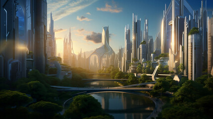 Futuristic city. Utopia in daylight. Modern skyscrapers with plant elements.